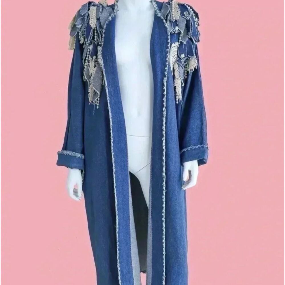 Denim Maxi Duster Coat Patchwork‎ Boho Western Festival Fringe Rare Large